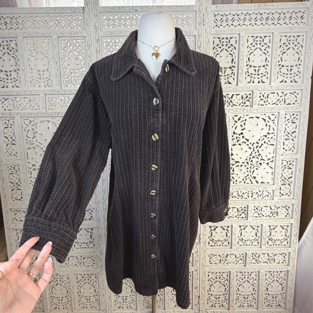 Vtg AMI Dark Brown Corduroy Button Dress Sz XL‎ Textured Boho Retro Granola